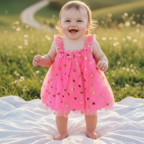 Baby Starters Pink Gold Heart Tulle Dress w/ Bow 6M NWT - Picture 1 of 9